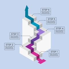 Stairs infographic with 6 steps. Colorful staircase with six options. Reaching goal or objective. 3D isometric diagram. Process, workflow layout. Business concept idea. Vector illustration, clip art. 