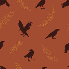 Black Crow silhouette in various poses bird feather vector seamless pattern. Line art retro raven figures background. Boho Halloween mystical surface design.