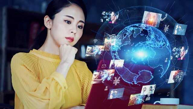Young Asian woman watching hologram screens. Visual contents concept. Social networking service. Streaming video. communication network.