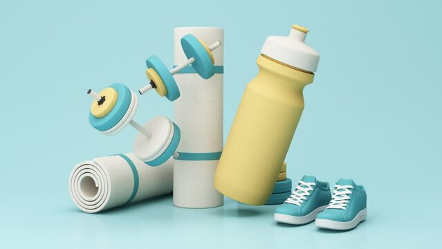 illustration, sport fitness equipment, male and female concept, yoga mat, bottle of water, dumbbells, weights, with Fitness shoes and pulse watches in pastel tone. 3d render animation loop