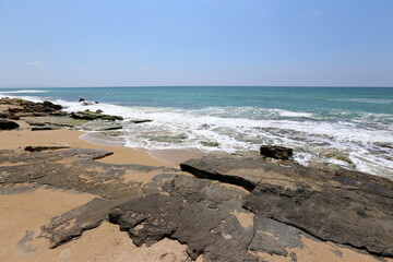 Rocky shore of the Mediterranean Sea in northern Israel.