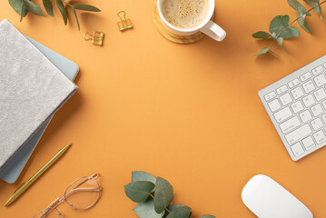 Top view photo of workstation keyboard computer mouse cup of coffee on wooden stand glasses...