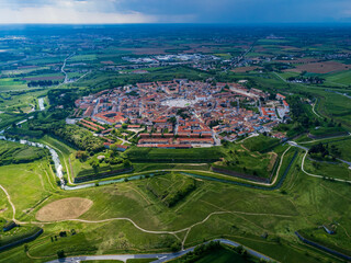 Bird's-eye view of the Renaissance city of Palmanova. Friuli.