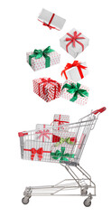 Beautifully wrapped gift boxes falling into metal shopping cart on white background