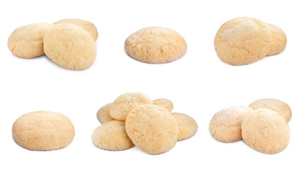 Fototapeta na wymiar Set with tasty sugar cookies on white background