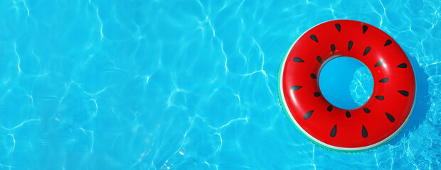 Inflatable ring floating in swimming pool on sunny day, top view with space for text. Banner design