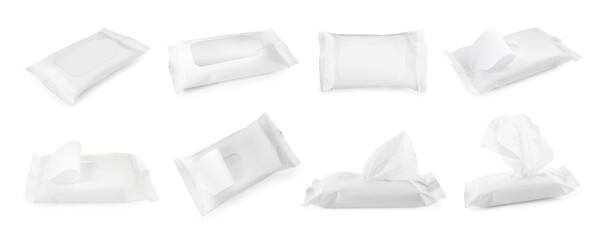 Set with packs of wet wipes on white background. Banner design