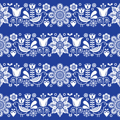 Scandinavian seamless vector pattern with flowers and birds, Nordic folk art repetitive ornament in white on navy blue 