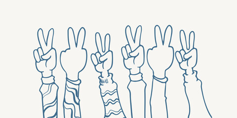 hand drawn six hands clapping ovation illustration sketch isolated on white background with peace pose in different clothes.