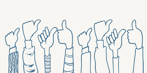 hand drawn eight hands thumb up clapping ovation illustration sketch isolated on white background with different clothes.