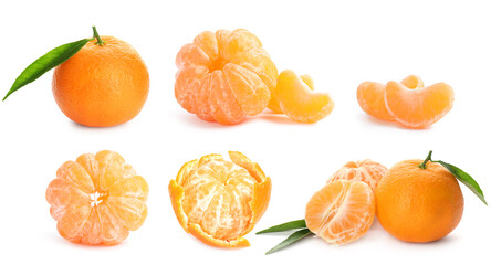 Set with tasty ripe tangerines on white background