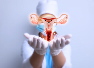 Doctor demonstrating virtual image of infected female reproductive system on light background,...