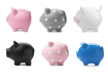 Set with different piggy banks on white background. Money saving