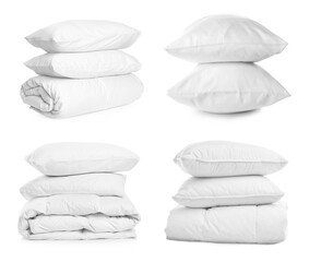 Set with soft pillows and blankets on white background
