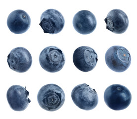 Set with fresh ripe blueberries on white background