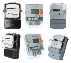 Set of different electricity meters on white background