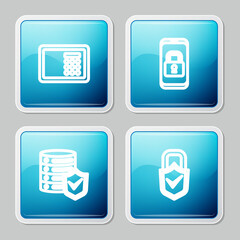 Set line Safe, Mobile with closed padlock, Server shield and Lock and check mark icon. Vector