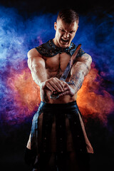 Antique warrior with sword against background with smoke