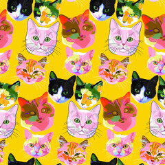 Vector pattern cats of different breeds. Illustration of cats for printing on fabric and paper. Background with pets.