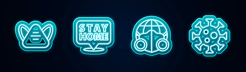 Set line Medical protective mask, Stay home, Earth with medical and Virus. Glowing neon icon. Vector