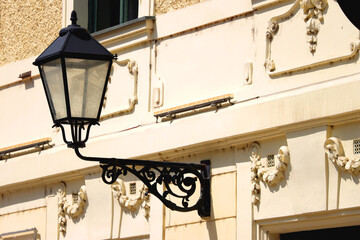 Fototapeta na wymiar Colorful historical buildings and vintage street lantern in central Zagreb, Croatia.
