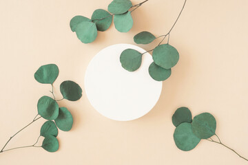 Round Podium with Eucalyptus branches for product presentation. Abstract minimal geometrical form on beige background. One Showcase, Eucalyptus, soft shadow. Scene, display. Top view, Flat lay