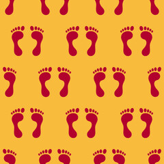Female's red footprint. Newly married woman's red footprint. Happy Dhanteras, Goddess Lakshmi footprint seamless pattern isolated on yellow background. Vector illustration.