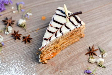 Esterhazy dessert cake on a wooden background