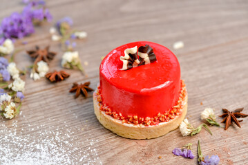 strawberry pancake cake dessert on a wooden background
