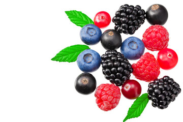 mix of blueberry, blackberry, cranberry, raspberry with leaves isolated on white background. top view. clipping path