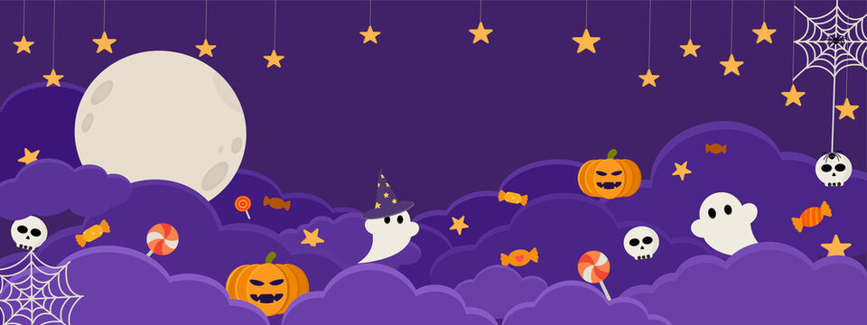 Happy Halloween banner vector illustration, dark night sky with purple clouds, cute little ghost wear witch hate, Halloween pumpkin, candy, spooky skull, spiders web, star and full moon, Autumn party 
