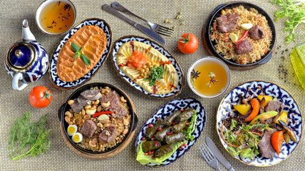 oriental brunch on the table many dishes with tea