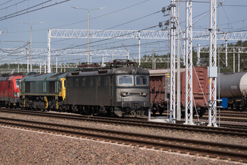 Fototapeta na wymiar LOCOMOTIVES - Electric vehicles on a siding and railway infrastructure 