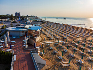 Sunrise in Lignano Sabbiadoro seen from above. From the sea to the lagoon, the city of holidays