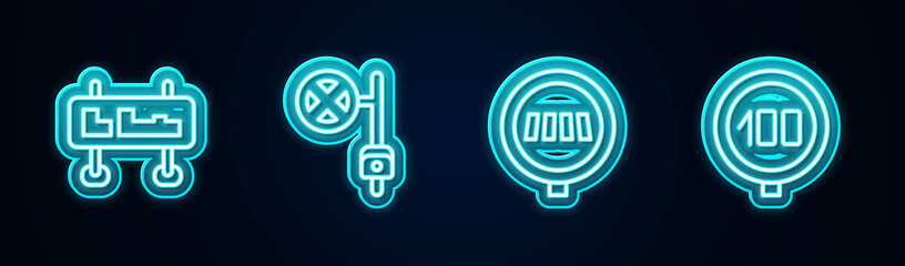 Set line Road traffic sign, Stop with camera, Pedestrian crosswalk and Speed limit. Glowing neon icon. Vector