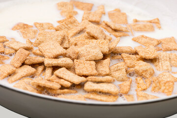 breakfast dry grain food with vitamins with milk in a plate