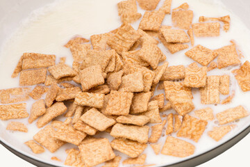 breakfast dry grain food with vitamins with milk in a plate