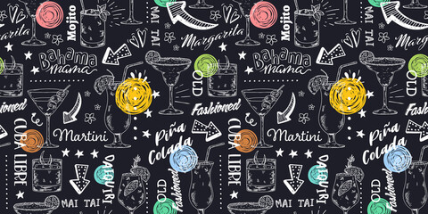 Fototapeta premium Fun hand drawn cocktails seamless pattern, great for banners, textiles, wallpapers, wrapping - vector design