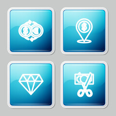 Set line Money exchange, Cash location, Diamond and Scissors cutting money icon. Vector