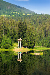 synevyr lake in summer. forest reflection in the water. beautiful travel background. green nature scene