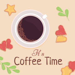 It is coffee time card template. Hot beverage. Morning routine. Editable social media post design. Flat vector color illustration for poster, web banner, ecard. Niconne, Neucha fonts used