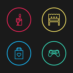 Set line Shopping bag with heart, Gamepad, BBQ brazier and Champagne bottle icon. Vector