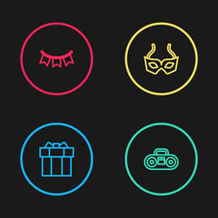 Set line Gift box, Home stereo with two speakers, Festive mask and Carnival garland flags icon. Vector