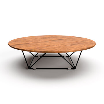 3d render round wooden loft table with black metal legs low table
