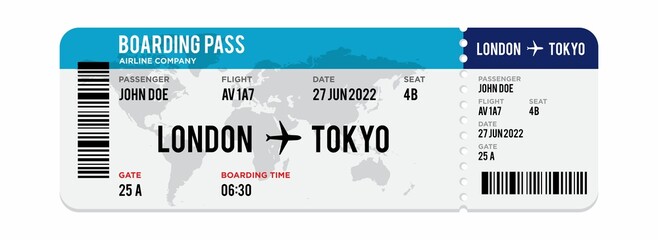 Blue and white Airplane ticket design. Realistic illustration of airplane ticket boarding pass with passenger name and destination. Concept of travel, journey or business trip. Isolated on white. - obrazy, fototapety, plakaty