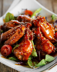 Closeup on portion of glazed baked chicken wings