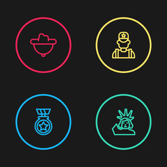 Set line Medal with star, Statue of Liberty, Sheriff cowboy and Western hat icon. Vector