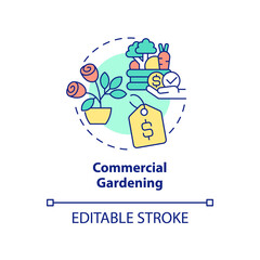 Commercial gardening concept icon. Crops production for sale. Gardening type abstract idea thin line illustration. Isolated outline drawing. Editable stroke. Arial, Myriad Pro-Bold fonts used