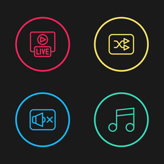 Set line Speaker mute, Music note, tone, Arrow shuffle and Live stream icon. Vector