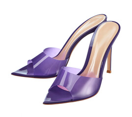 Beautiful pair of classic open women's high-heeled shoes, lilac color, with a transparent front, isolated on a white background.